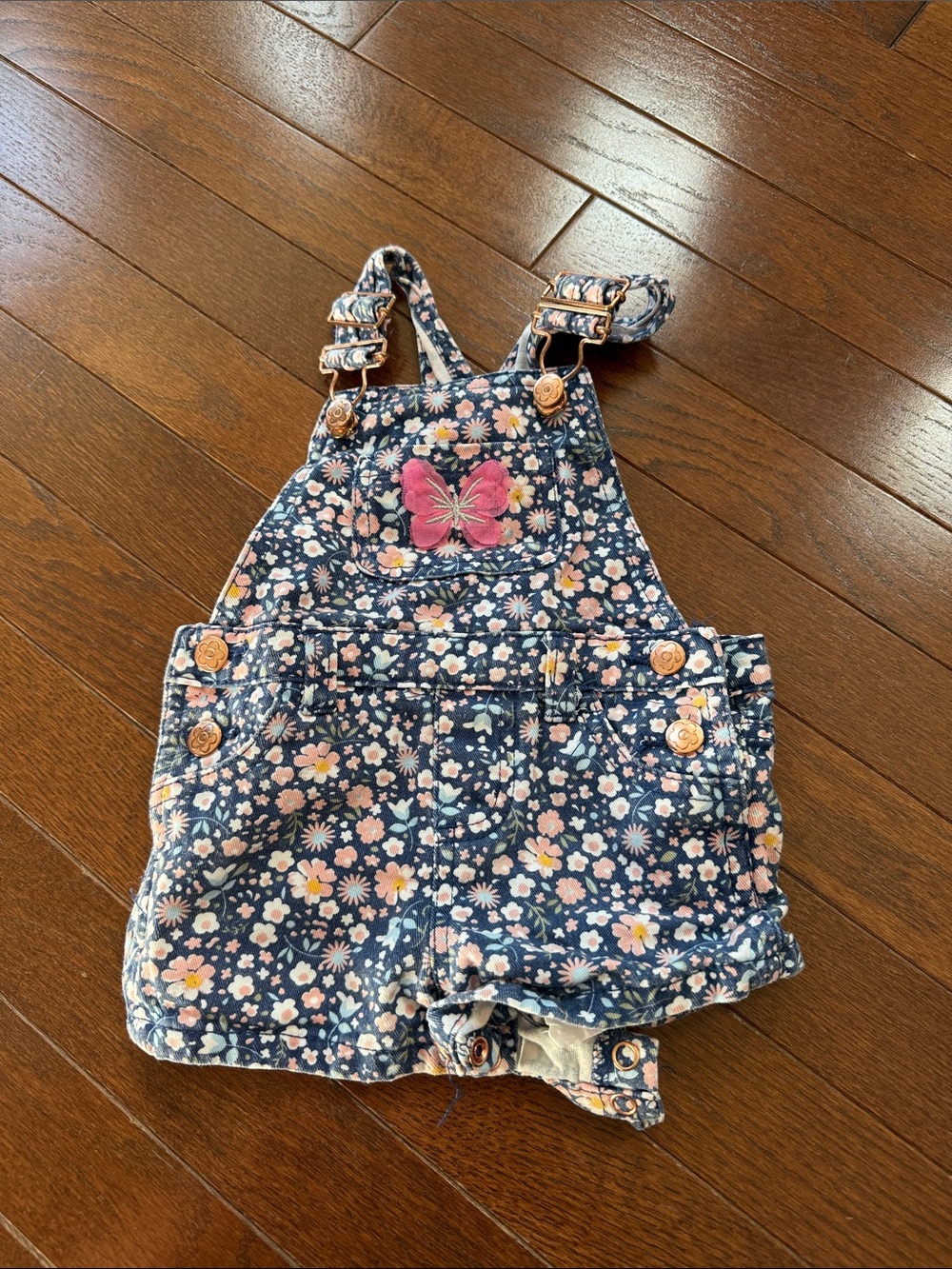 Floral Butterfly Denim Shortall Overalls for Kids - Navy Pink